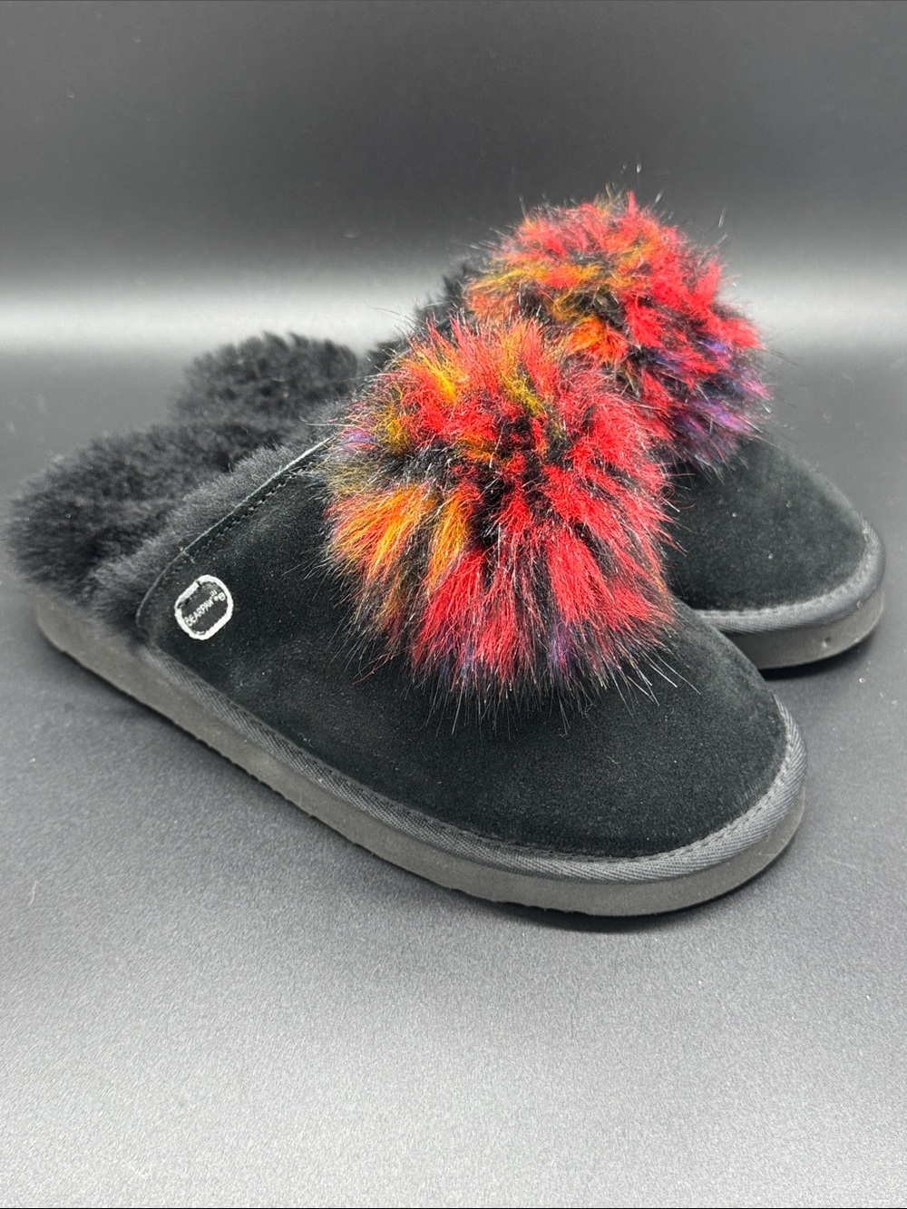 BearPaw Black Suede Slippers with Multicolor Fur Pom Sz 7